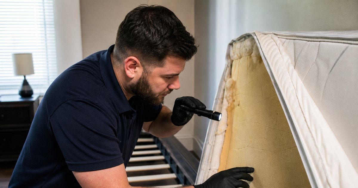 Pest control technician in protective gloves inspecting the seams of a stripped mattress in a small apartment bedroom with a flashlight, bed frame pulled away from the wall, daylight through blinds