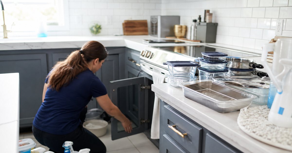 Homeowner in a bright kitchen emptying lower cabinets and placing pots and food containers on the counter before a pest service, cabinet doors open, cleaning supplies nearby