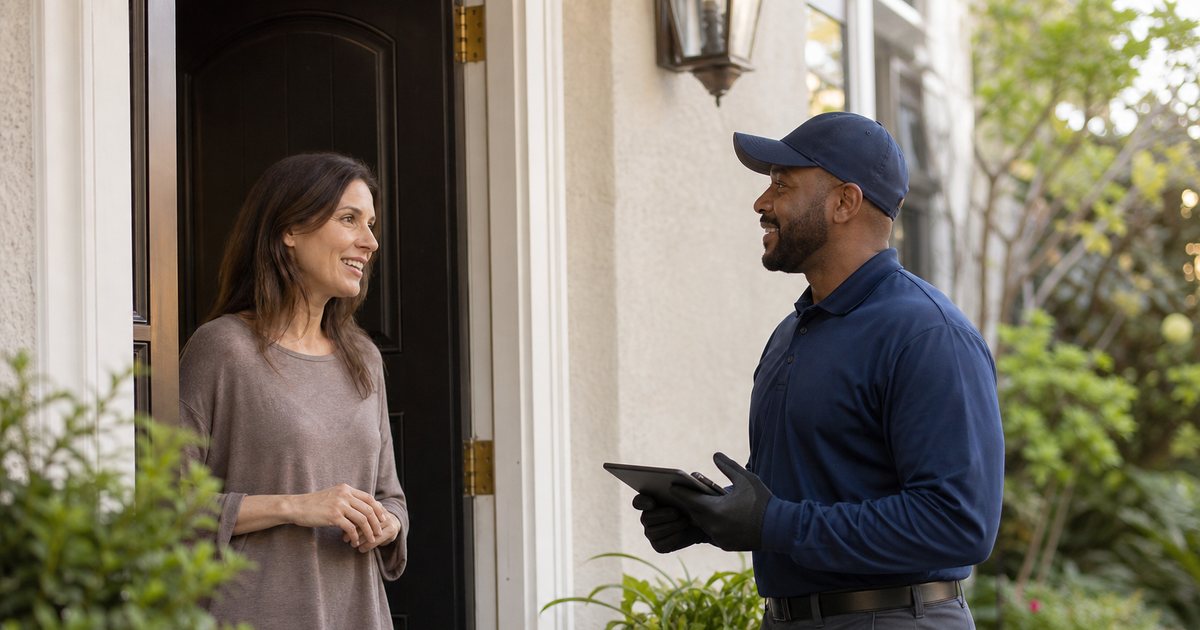 Homeowner standing at the front door of a house talking with a pest control technician holding a tablet, friendly conversation, porch with potted plants, late afternoon