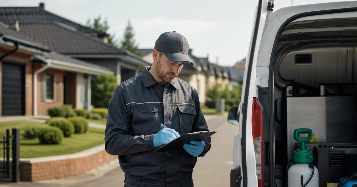 Pest control technician in a work uniform standing beside an open service van on a suburban street, checking a clipboard, midday sunlight, houses in the background