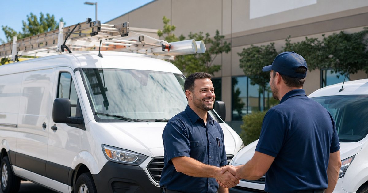 Two pest control professionals shaking hands in front of their parked service vans in a commercial parking lot, one van larger with ladders on the roof, clear sky, daytime