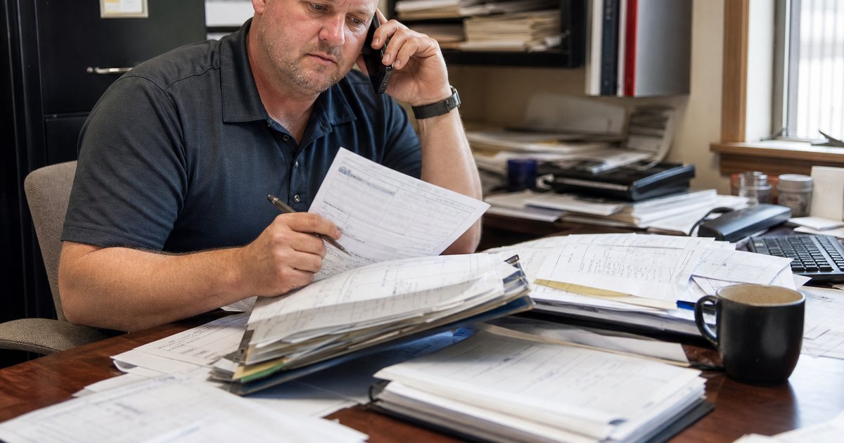 Small pest control business owner at a cluttered office desk with stacks of paper service tickets and binders, holding a phone, window light, coffee mug, filing cabinet in the background
