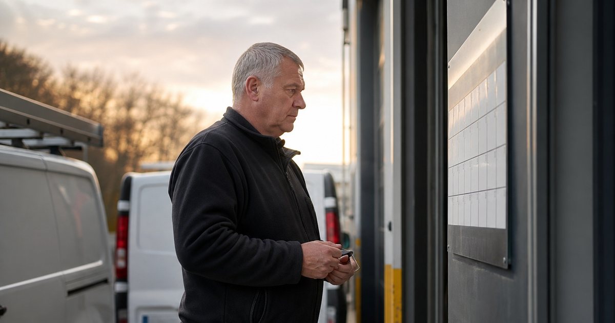 Pest control business owner in the early morning at a small warehouse loading dock, standing beside two service vans with keys in hand, looking at a wall calendar, dawn light