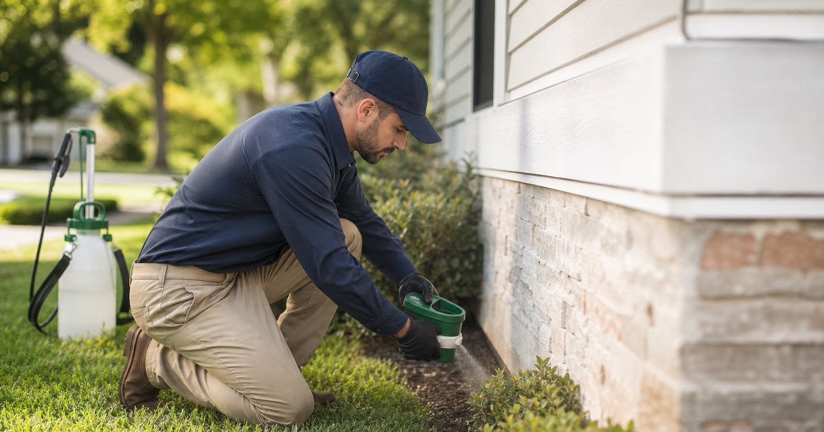 Pest control technician applying a granular treatment along the foundation of a single-family home with a handheld spreader, backpack sprayer nearby, tidy lawn, mid-morning sun